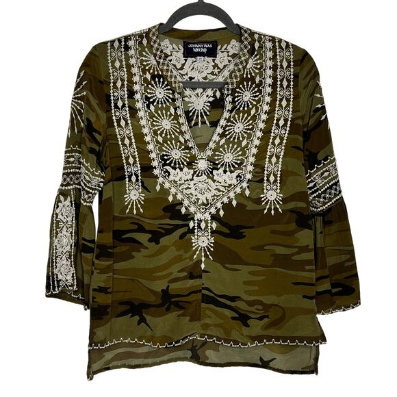 Johnny Was Tops - Johnny Was Silk Embroidered Camo Top Size Small